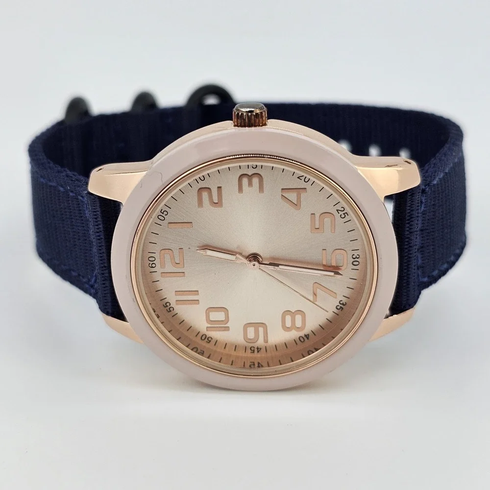 38MM Women's Analog Watch Gold Dial NEW Dark Blue Nylon Canvas Bands NEW Battery